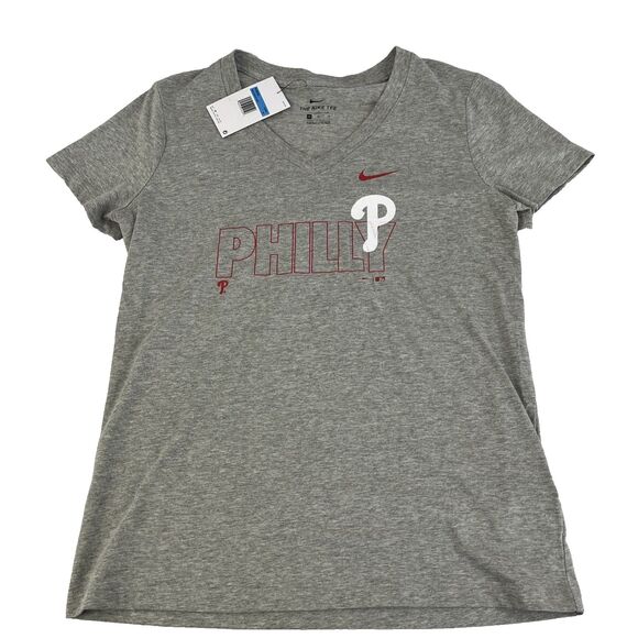 New The Nike Tee Philadelphia Phillies Women’s V-Neck T-Shirt Sz M NWT Gray - Picture 1 of 7